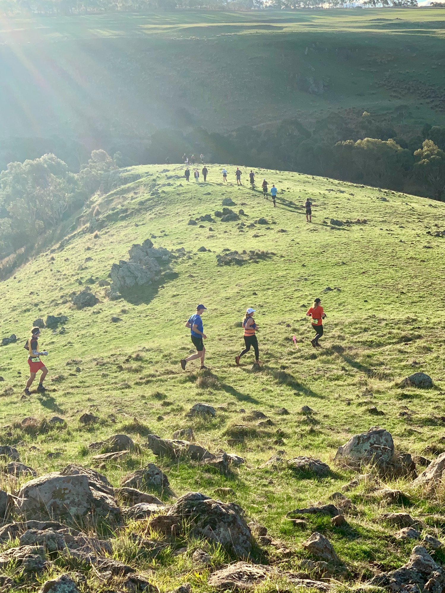 Runners on the rocky ridge at the Back Paddock Ultra, The Farm at Mirrim Wurnit